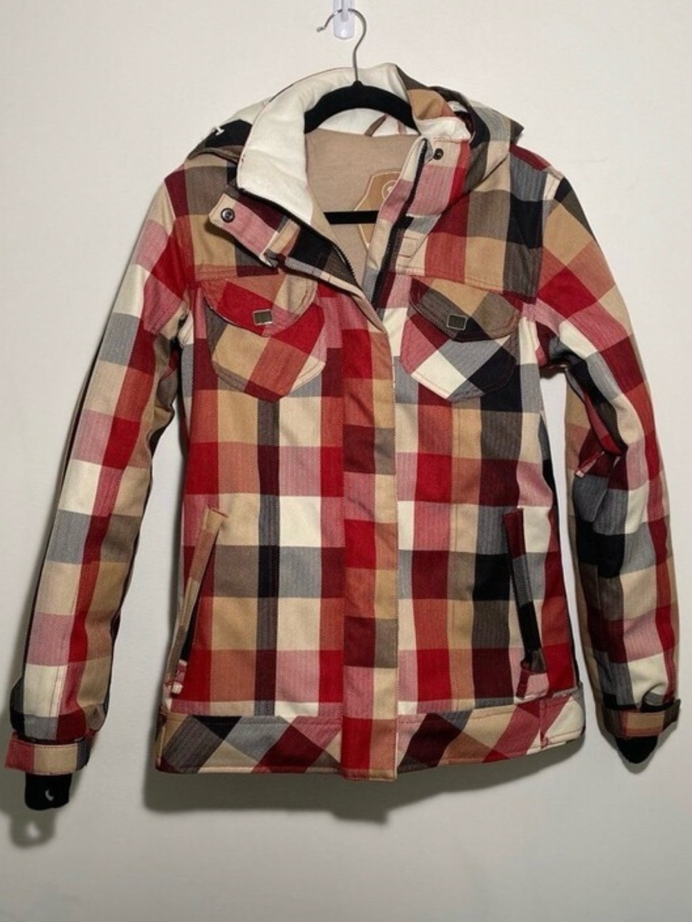 Powder Room Plaid Ski Snowboard Jacket Primaloft Waterproof Red Tan Size S/P